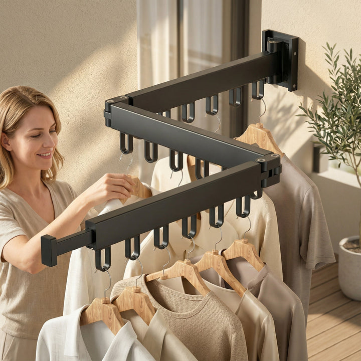 Expandable wall drying rack to air dry clothes efficiently & save valuable laundry space.