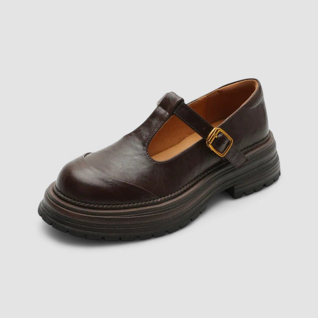 Women's T-bar strap Mary Jane platform shoes with a chunky sole and classic buckle, stylish comfort.