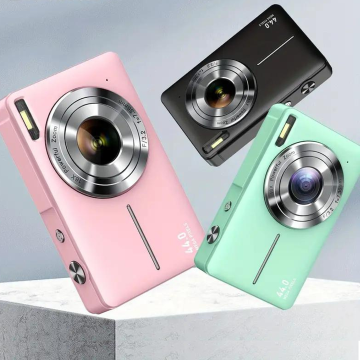 Portable vintage digital camera, 1080p HD video. Ideal point and shoot travel companion with memory card.