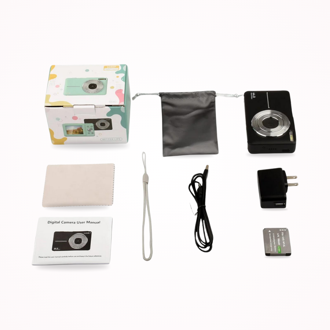 Compact vintage digital camera with 1080p video, point and shoot. Includes memory card for instant retro photos.