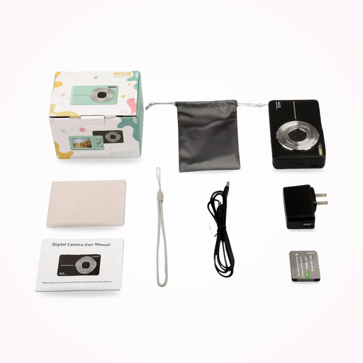 Compact vintage digital camera with 1080p video, point and shoot. Includes memory card for instant retro photos.