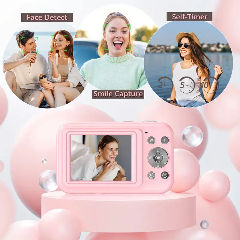 Compact retro digital camera, 1080p video recording. Easy point and shoot travel camera with memory.