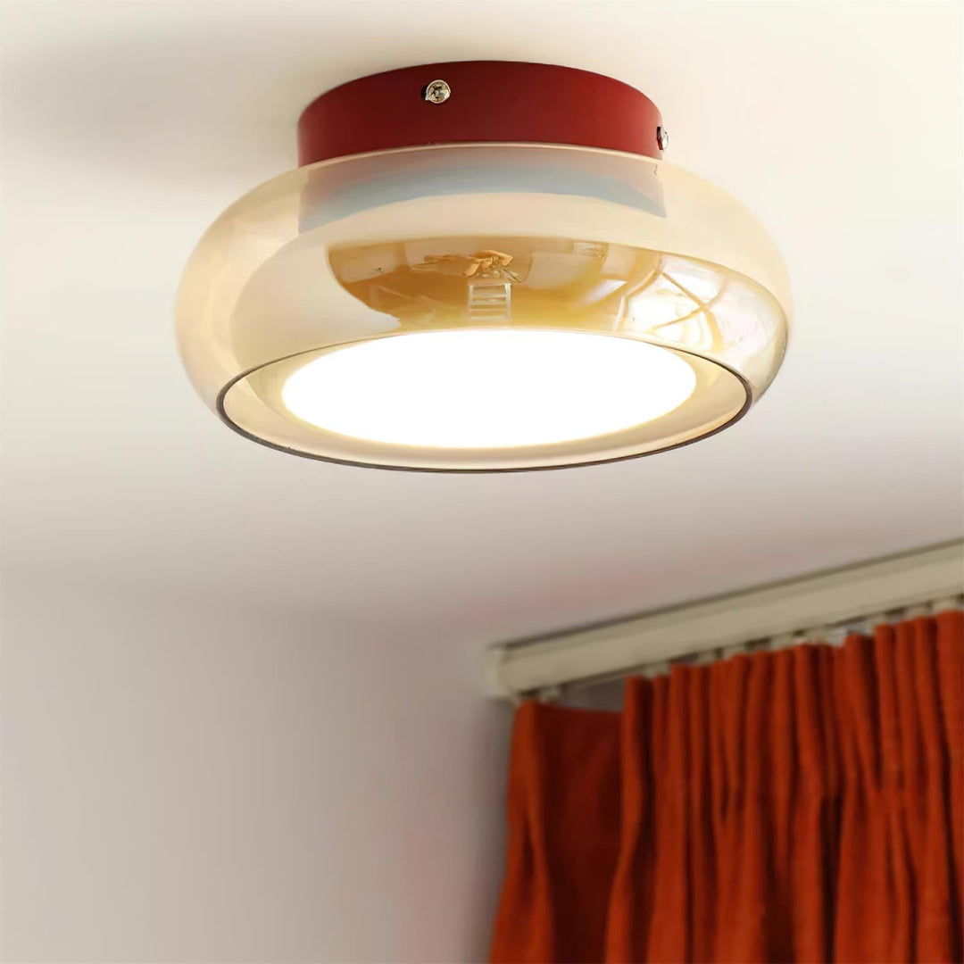 Stylish retro flush mount LED ceiling light, providing ambient indoor lighting for living rooms.