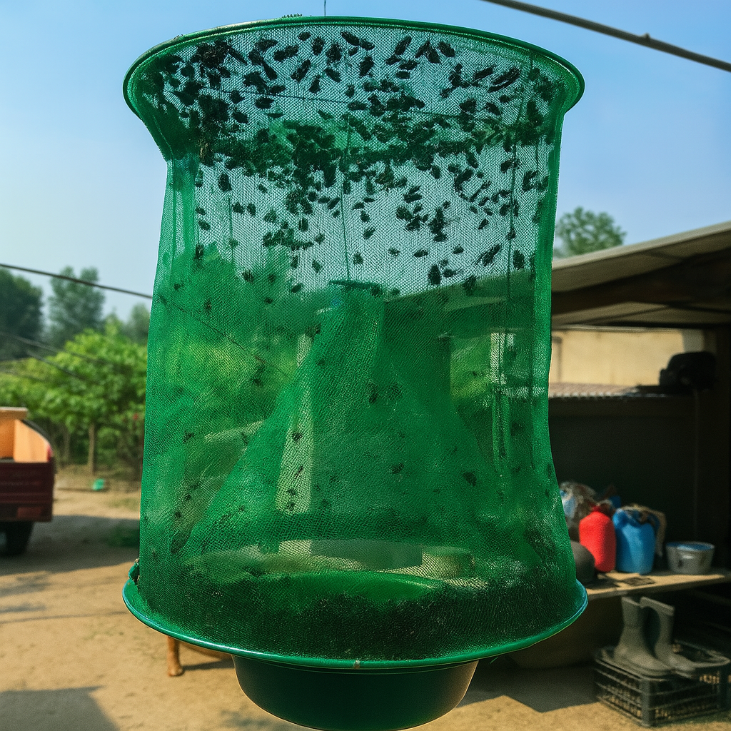 Reusable outdoor fly trap for effective, chemical-free pest control in gardens, patios, and ranches.