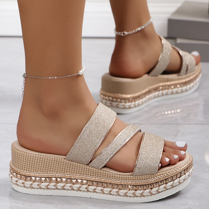 Chic multi-strap platform heels in rose gold, perfect high heels for women's parties, evenings & elegant events.