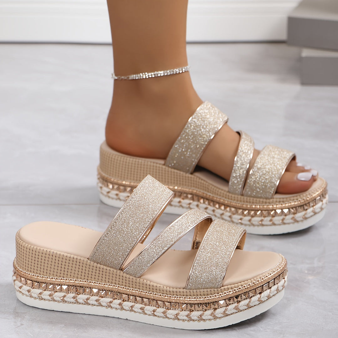 Elegant women's rose gold platform heels with multiple straps, ideal dress shoes for chic evening wear.