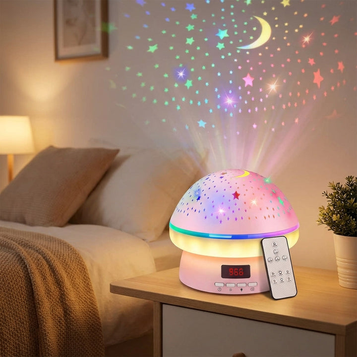 Rotating star projector night light with remote control, casting celestial patterns for bedroom ambiance.