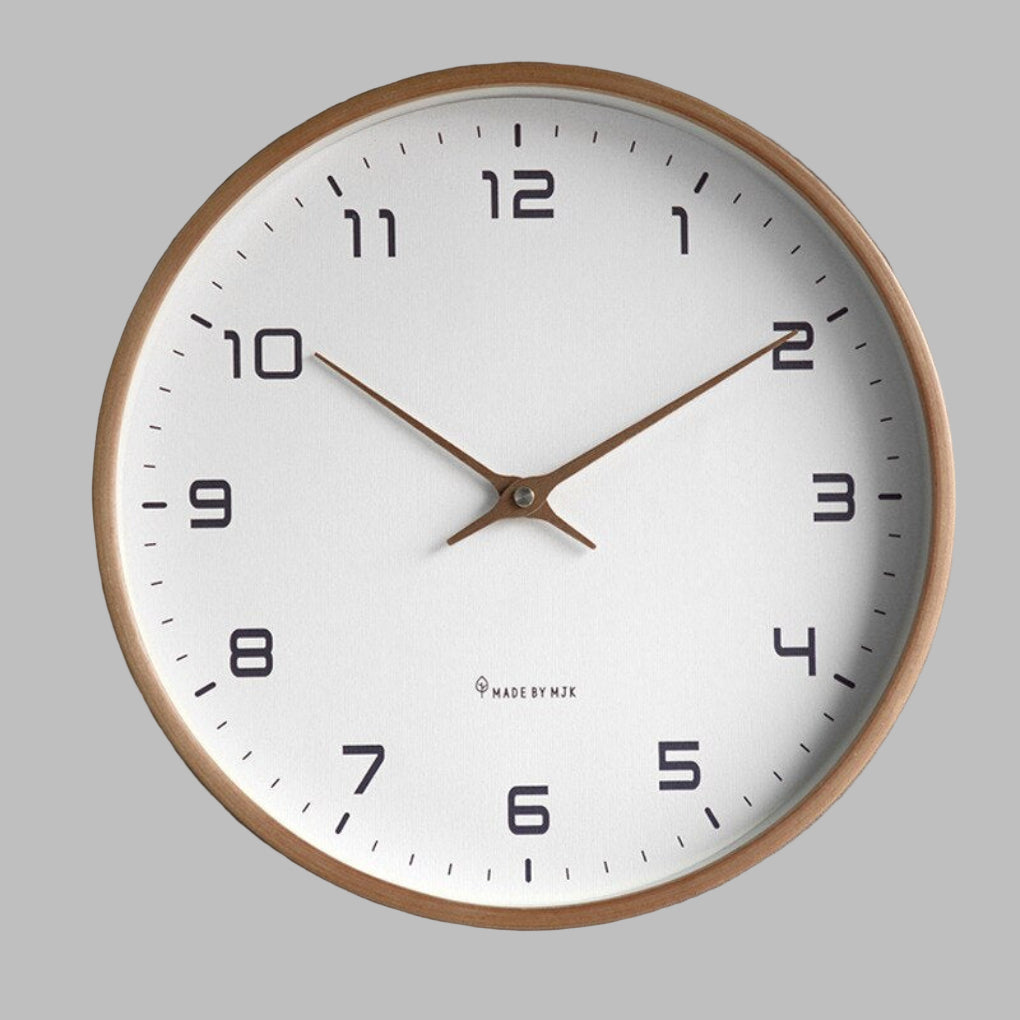 Round Scandinavian wooden wall clock, minimalist brown natural wood design. Silent modern home decor.