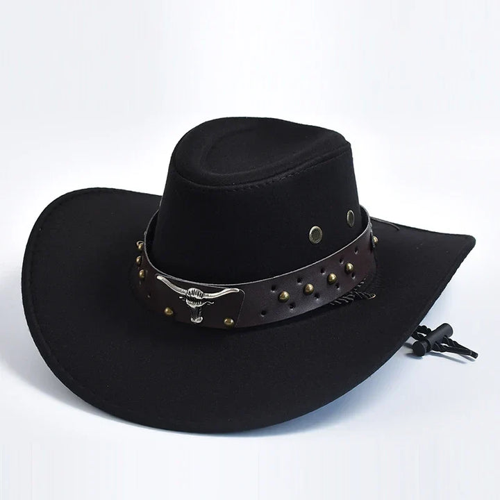 Classic men's brown felt wide brim cowboy hat with decorative band. Perfect for western outdoor style.