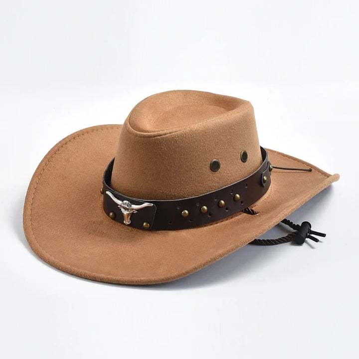 Man wearing a durable wide brim western cowboy hat, perfect for outdoor activities, sun protection, rugged fashion.