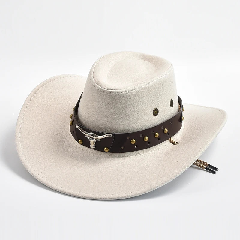 Men's wide brim western cowboy hat on a rustic background. Showcases rugged outdoor style & durability.