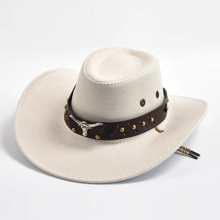 Men's wide brim western cowboy hat on a rustic background. Showcases rugged outdoor style & durability.