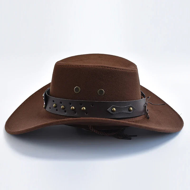 Adventurous men's wide brim cowboy hat, great for hiking, riding, and sun protection in western fashion.