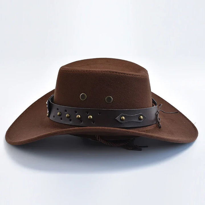 Adventurous men's wide brim cowboy hat, great for hiking, riding, and sun protection in western fashion.