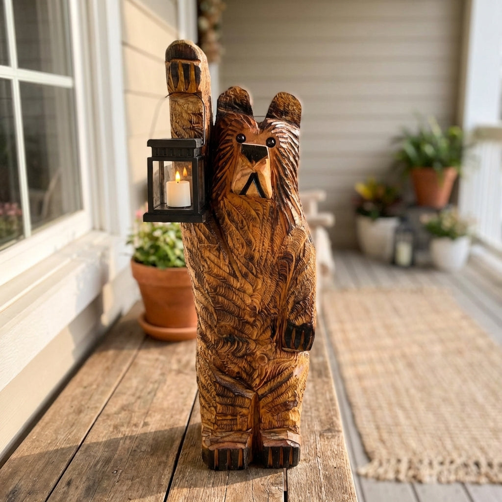Rustic bear solar garden lantern with flickering LED light, perfect outdoor decor for yard and patio.