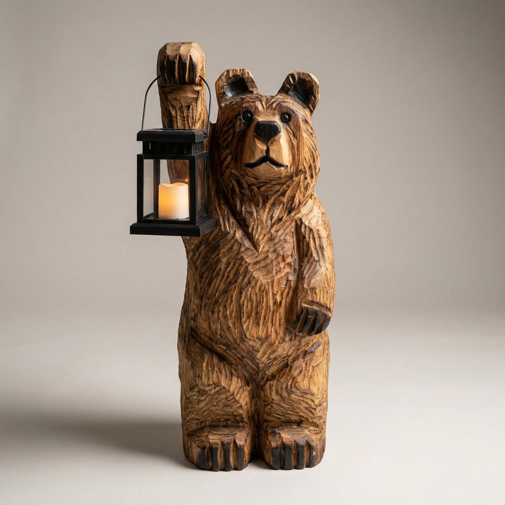 Carved bear solar lantern, an outdoor LED flickering light providing rustic charm for garden and patio lighting.