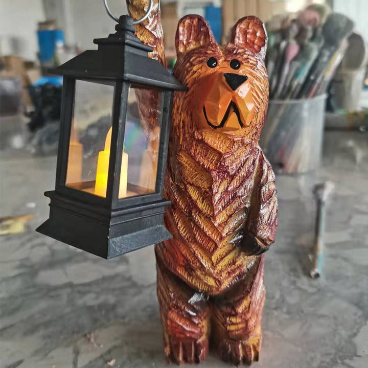 Detailed bear statue solar garden light with flickering LED, perfect for eco-friendly outdoor decor and lighting.