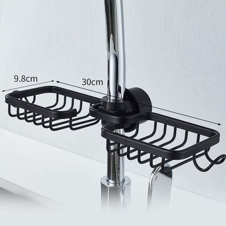 Black rustproof shower caddy. Adhesive no-drill aluminum holder for shampoo and soap bottles.