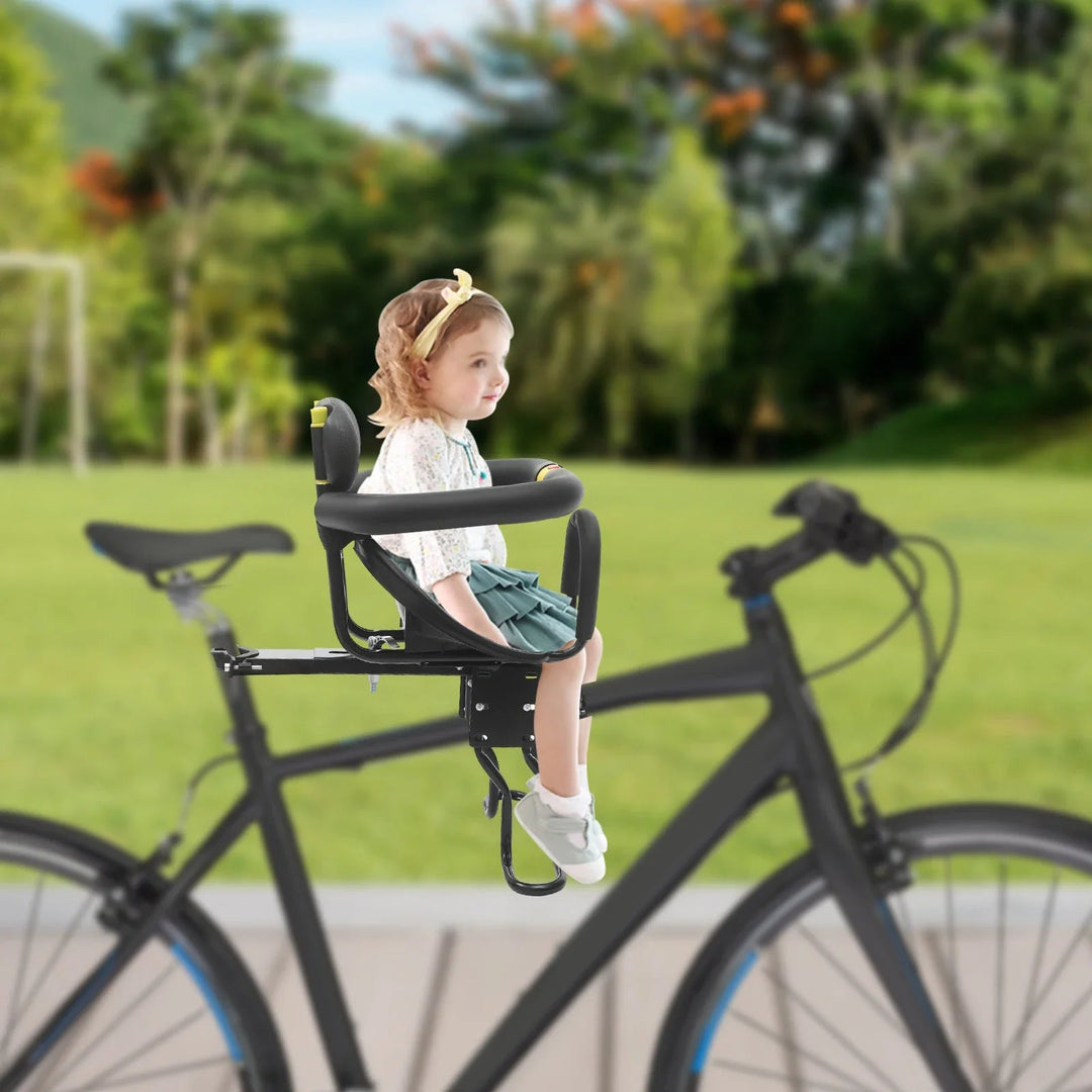 Safe child front-mounted bike seat for toddlers, allowing clear view & secure family cycling adventures.