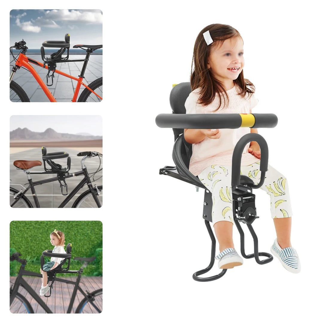 Adjustable child front bike seat for growing toddlers, ensuring comfort & safety during family cycling.