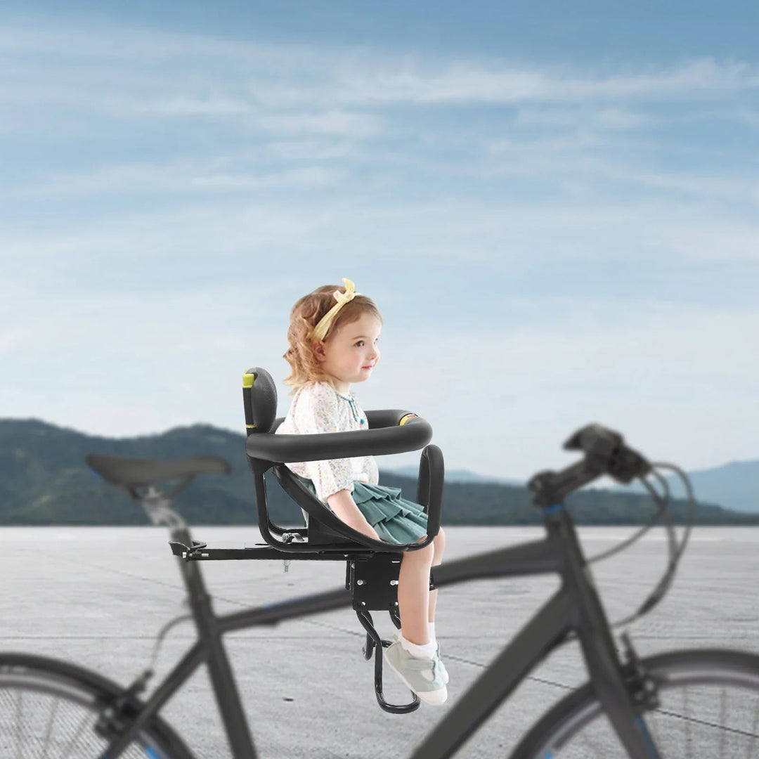 Durable child front-mounted bike seat with footrests & harness, offering secure & adjustable family cycling.