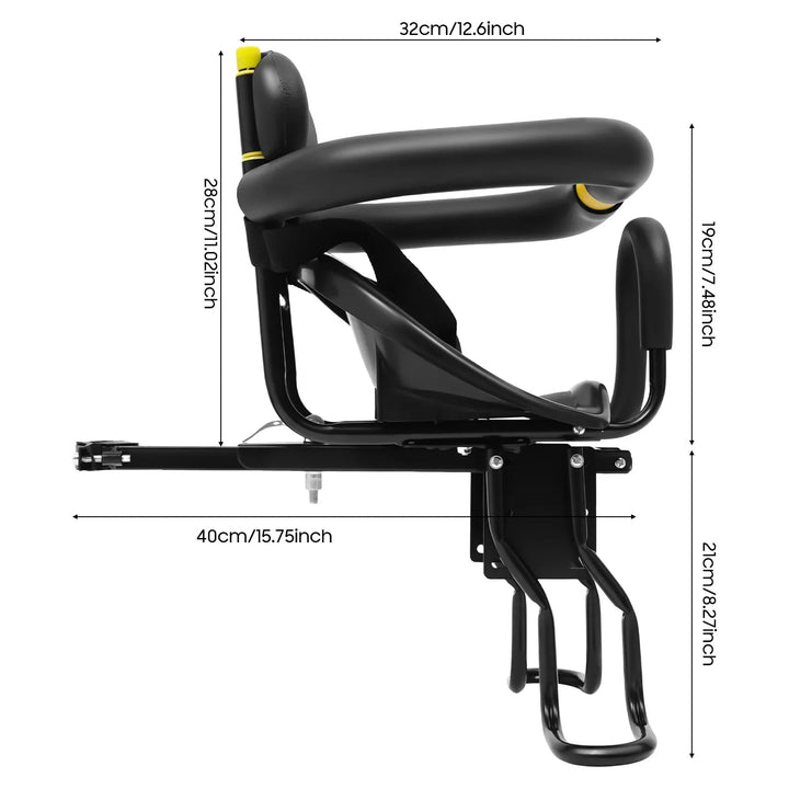 Child front bike seat offering toddler a great view & engaging family cycling experience. Adjustable & safe.