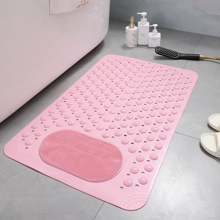 Easy-clean SafeGrip bath mat with foot scrubber for enhanced home hygiene in showers.