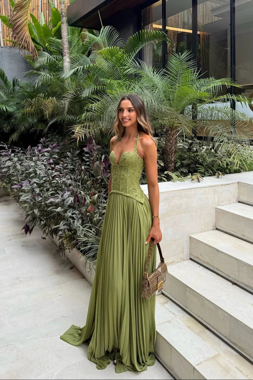 Sage green pleated corset maxi dress for women, elegant evening or wedding guest attire.