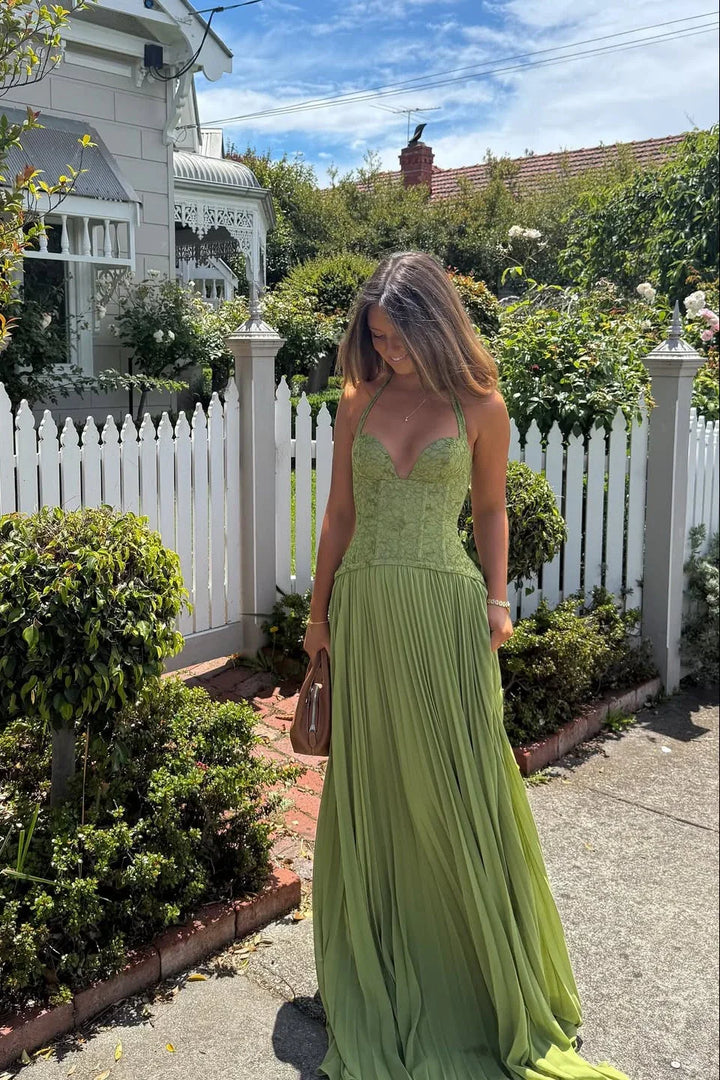 Formal sage green pleated maxi dress, elegant corset design for women's special occasions.