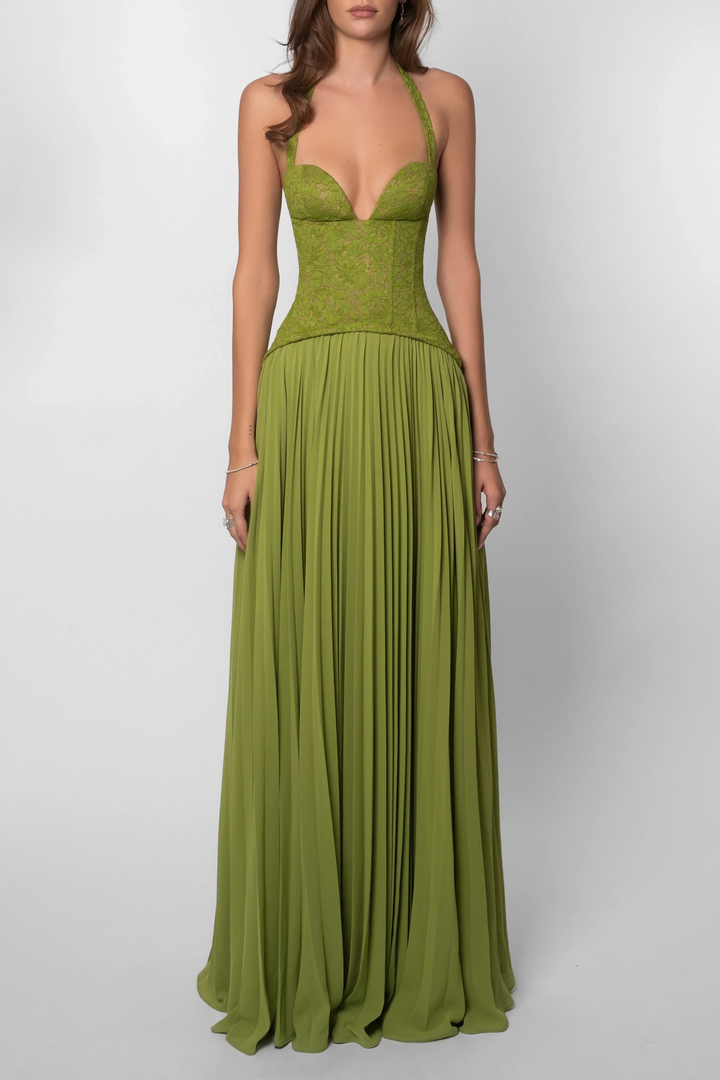 Elegant women's sage green pleated maxi dress, a sleeveless corset design for formal events.