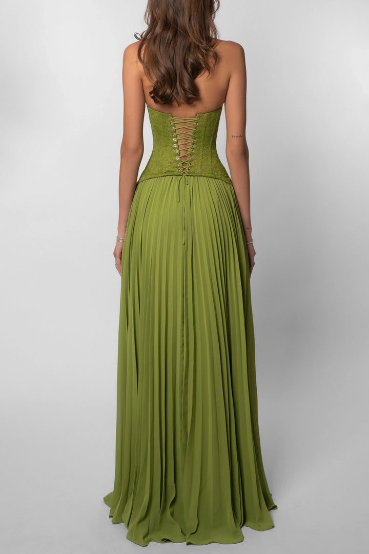 Summer-ready sage green pleated maxi dress for women, with a chic corset bodice for evening wear.