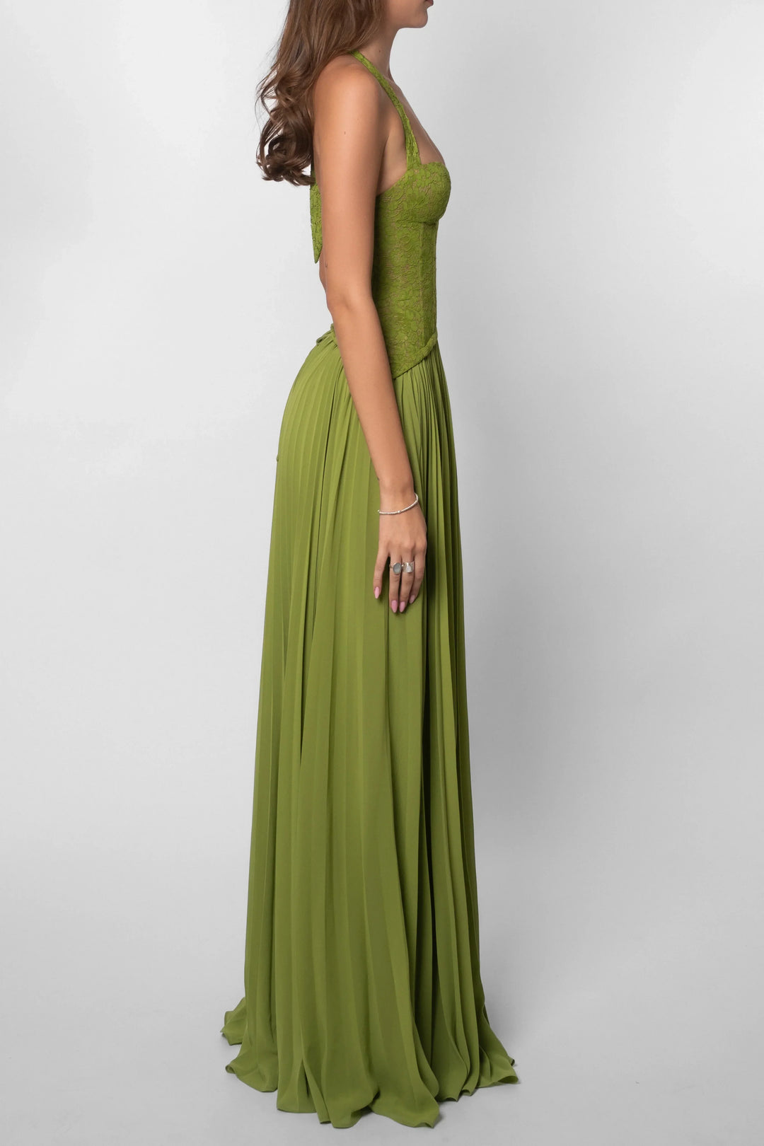 Wedding guest sage green maxi dress, women's pleated & corseted for a sophisticated look.