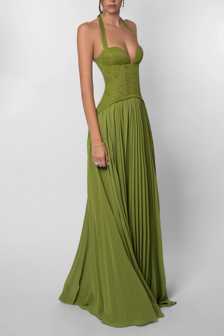 Women's formal sage green pleated maxi dress with a flattering corset top, perfect for elegant occasions.