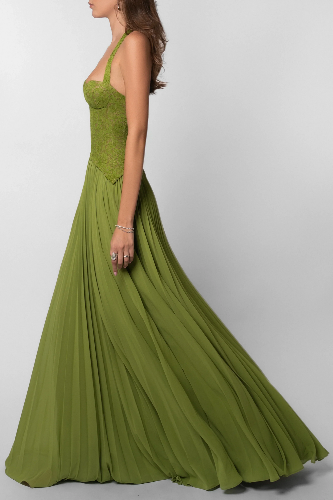 Sleeveless sage green pleated maxi dress for women, a stunning corset style for parties & events.