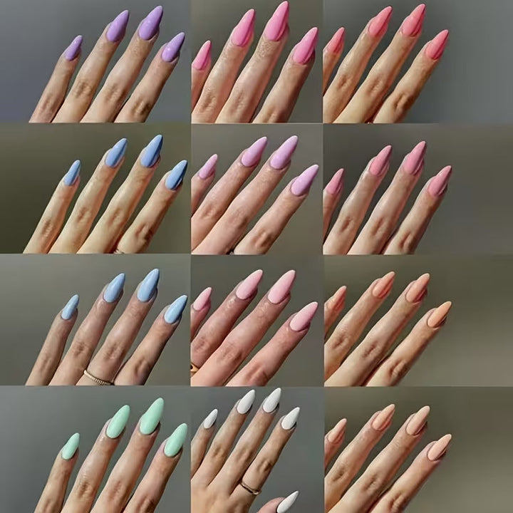 Hand applying a press-on nail tip from the unisex salon-quality nail art kit, perfect for DIY beauty.