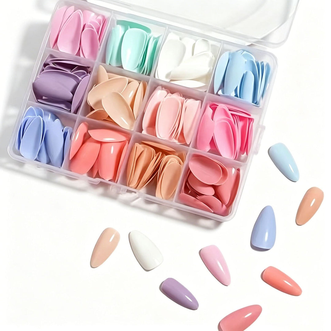 Unisex salon-quality nail art tip kit packaging, showcasing a complete false nails manicure set for DIY enthusiasts.