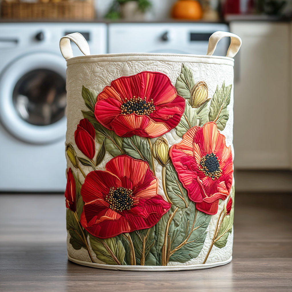 Scarlet Poppy Quilted Laundry Basket, a foldable floral fabric storage bin. Ideal home decor for bedroom, bathroom, or living room.