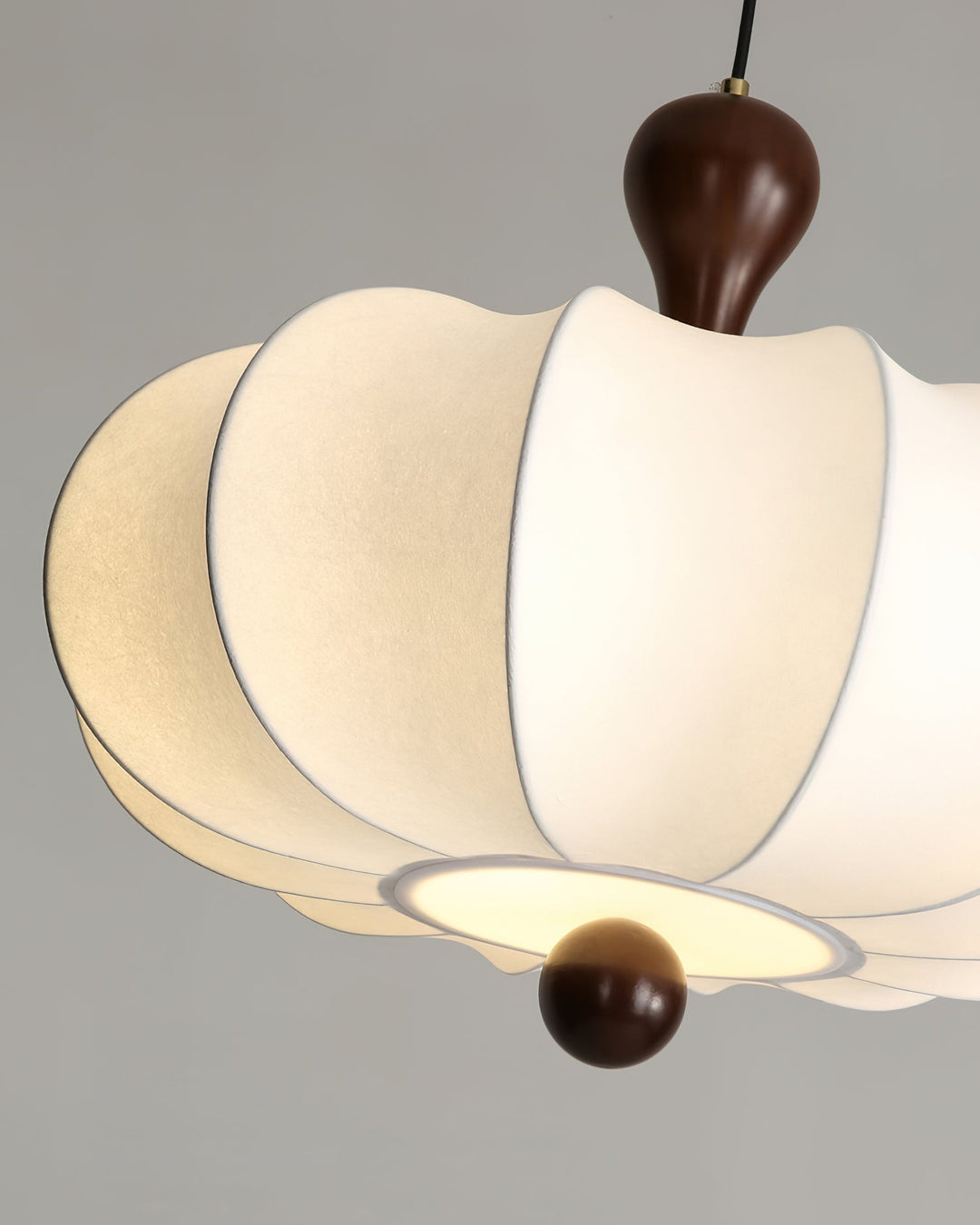 Unique sculptural walnut & white fabric pendant light. Stylish modern ceiling lighting for any room.
