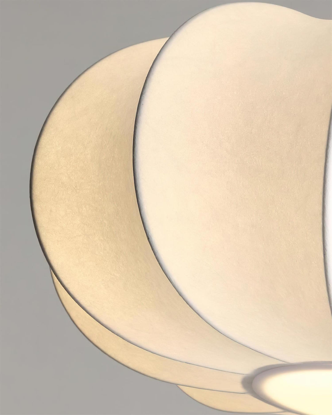 Modern walnut wood & white fabric pendant light. Ideal dining room or living room ceiling fixture.
