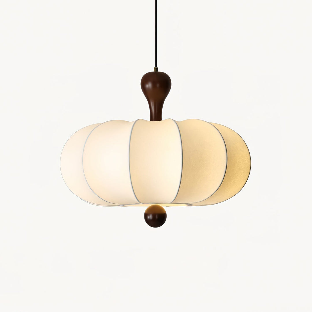 Dimmable & adjustable sculptural walnut & white fabric pendant light. Versatile modern home lighting.