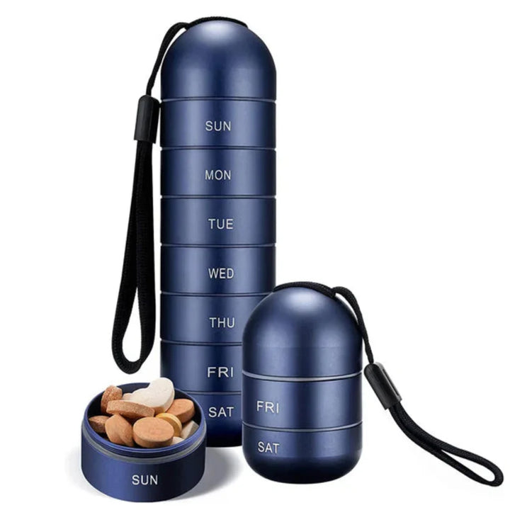 Secure 7-day aluminum pill organizer for daily medication, vitamins & supplements. Portable weekly health storage box.