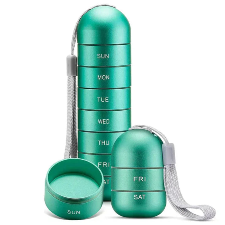 Portable 7-day aluminum pill organizer, ideal for daily medication & travel. Secure weekly supplement dispenser.