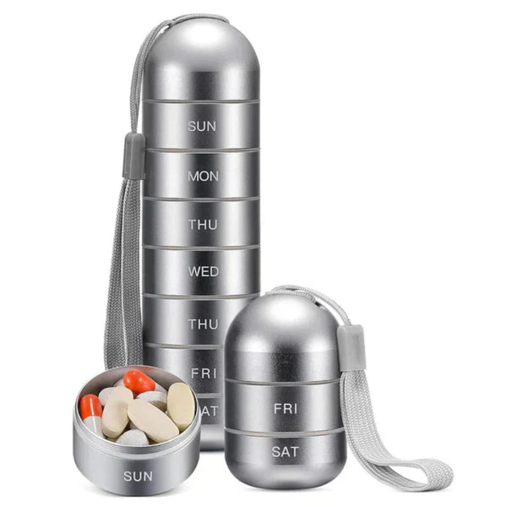 Weekly 7-day aluminum pill organizer for daily medication & health supplements. Secure, portable storage dispenser.