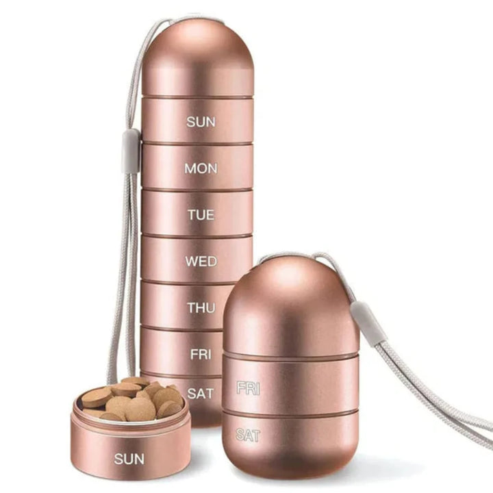 Daily 7-day aluminum pill box for secure medication & vitamin storage. Portable weekly dispenser for health.