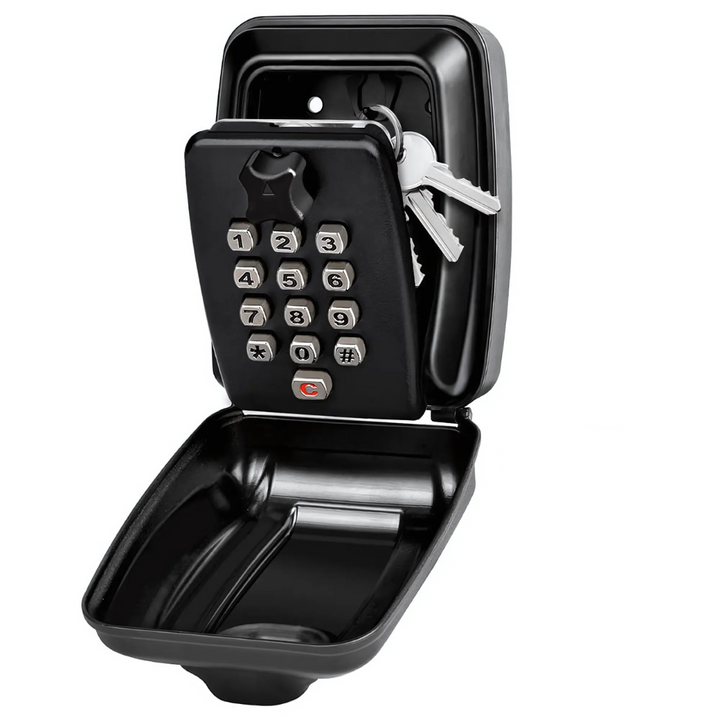 Secure outdoor wall-mounted key lock box for spare keys and home access.