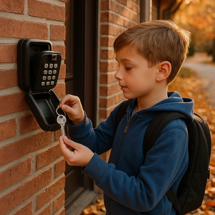 Robust outdoor key safe, wall-mounted for secure spare key storage and home access.