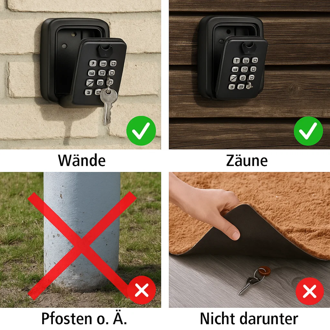 Combination lock key box, wall-mounted for outdoor security & easy home access.