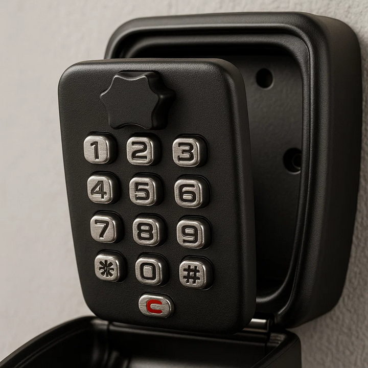 Wall-mounted outdoor key storage box, perfect for secure spare key access.