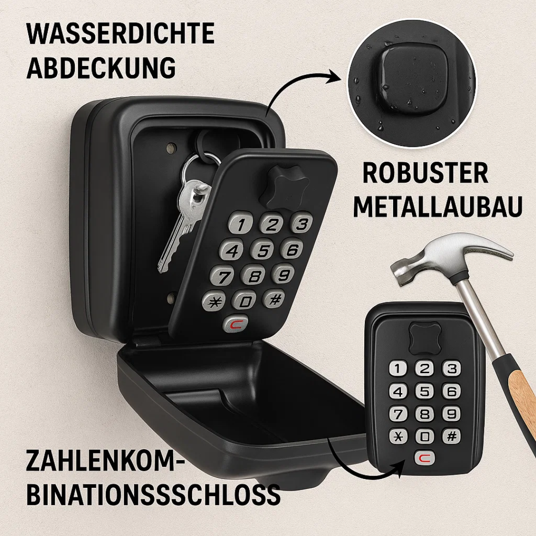Weatherproof wall-mounted combination key lock box for secure outdoor key storage.