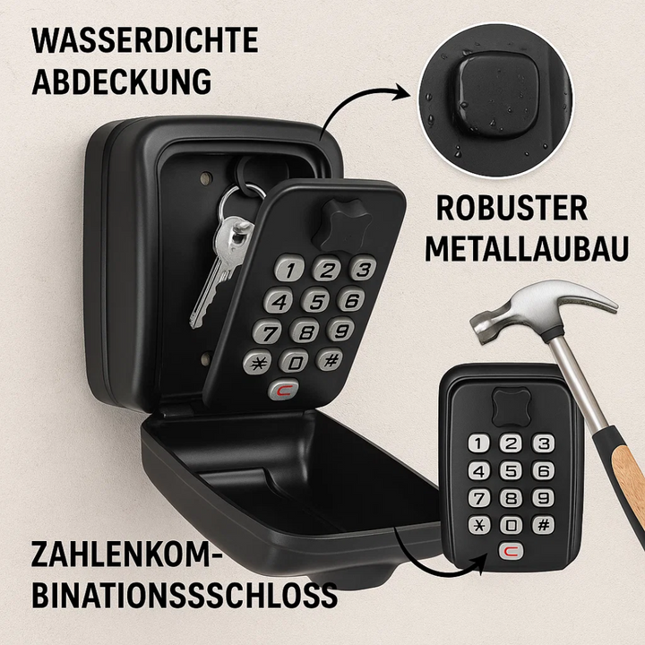 Weatherproof wall-mounted combination key lock box for secure outdoor key storage.